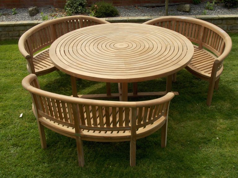 Teak round table with 3 benches Teak Garden Furniture Outlet