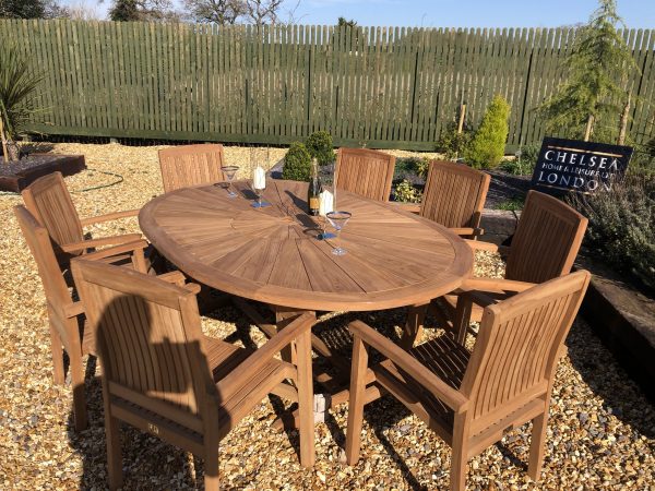 teak Garden Furniture premium oval table with 8 teak stacking chairs