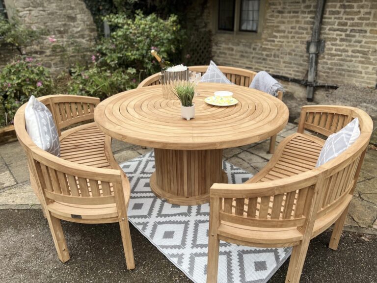 Teak Garden Furniture Round Table 150cm with 3 Bowood Benches