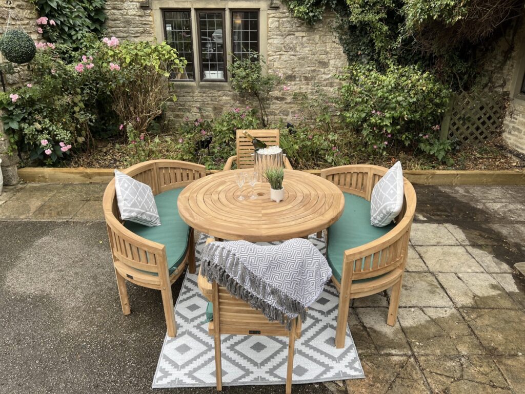 Celestia Teak Garden Furniture Set with Folding Table, Benches, and Chairs