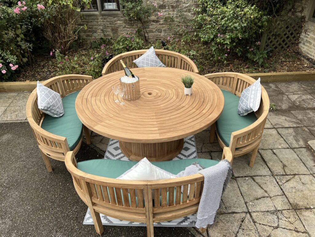 Teak Garden Furniture 12 Seater Round Table Set with 4 Benches Teak