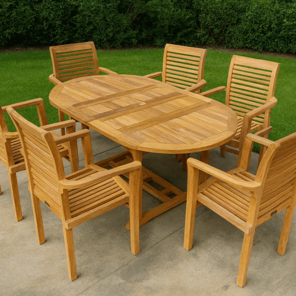 Double Extending Teak Table and 6 Stacking Chairs
