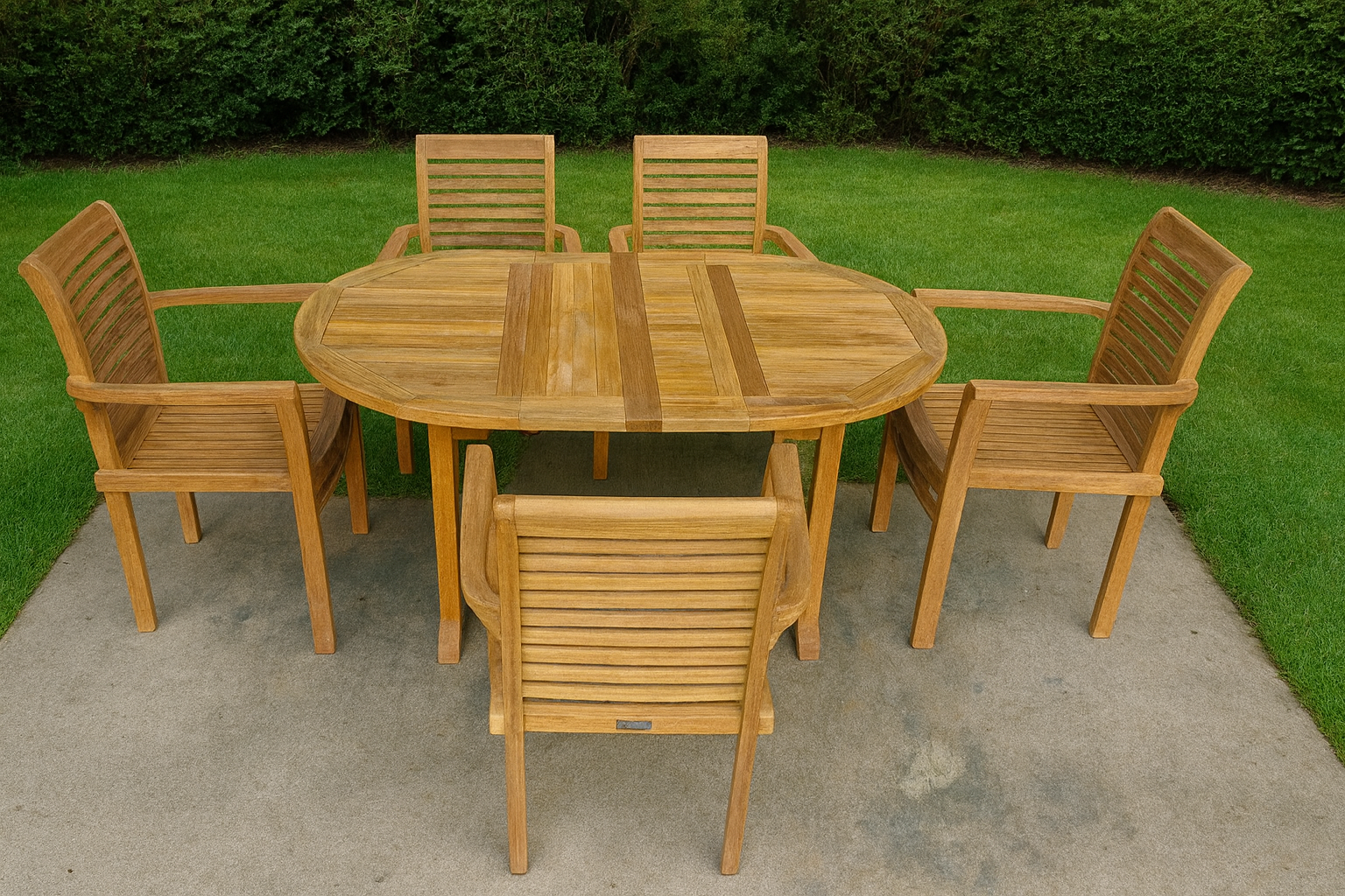 Double Extending Teak Table and 6 Stacking Chairs Double Extending Teak Table and 6 Stacking Chairs