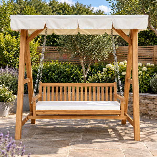 Teak garden swing bench with white canopy and matching seat cushion on a landscaped garden patio