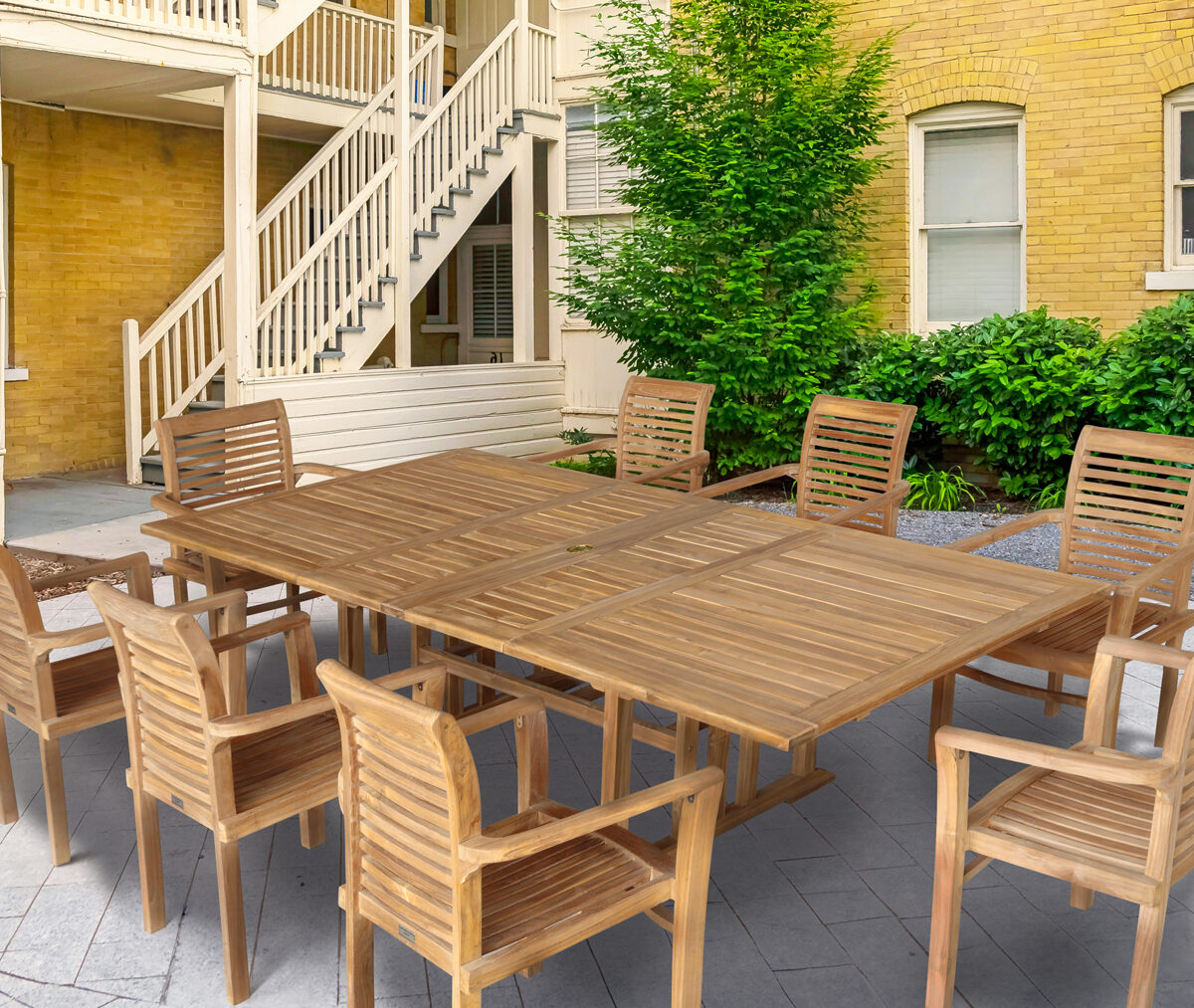 Teak Rectangle Extendable Table with 8 Stacking Chairs