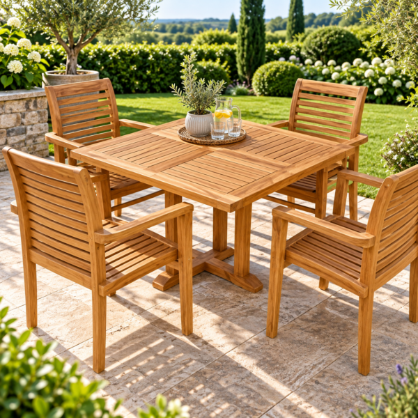 Square teak garden dining table with four matching slatted teak armchairs on a stone patio