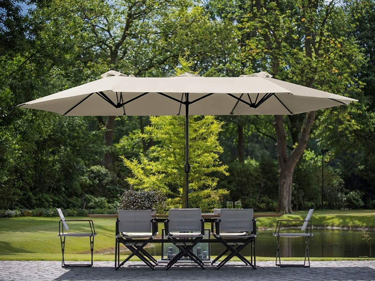 Beige Double-Sided Parasol 4.5m x 2.7m – Large Outdoor Garden Umbrella with 12 Steel Ribs & 48mm Steel Pole