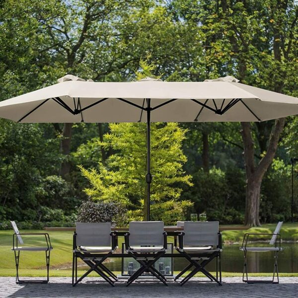 Beige Double-Sided Parasol 4.5m x 2.7m – Large Outdoor Garden Umbrella with 12 Steel Ribs & 48mm Steel Pole