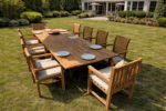 Large teak outdoor dining table and chairs set with cushions