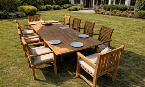 Large teak outdoor dining table and chairs set with cushions