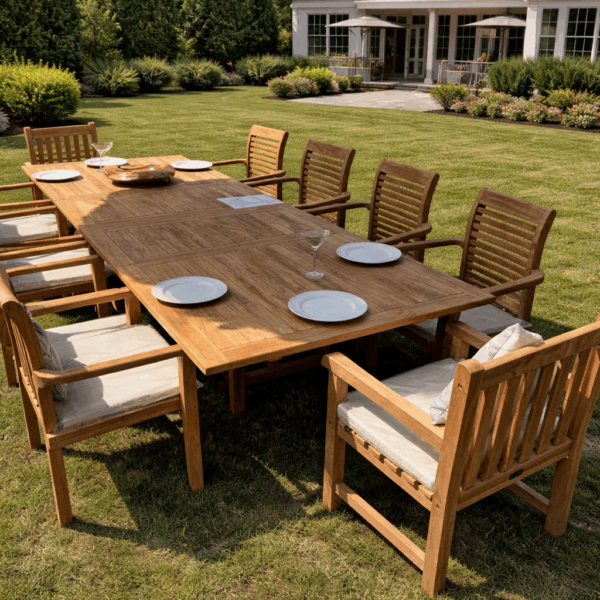 Large teak outdoor dining table and chairs set with cushions