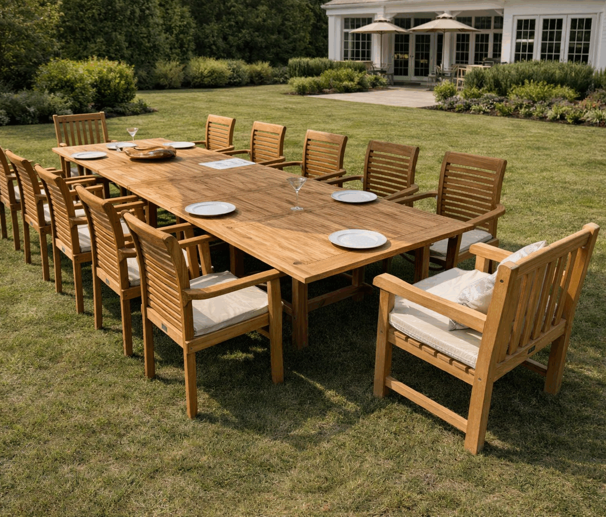 Extendable teak garden dining set with 10 chairs on outdoor patio