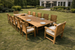 Extendable teak garden dining set with 10 chairs on outdoor patio