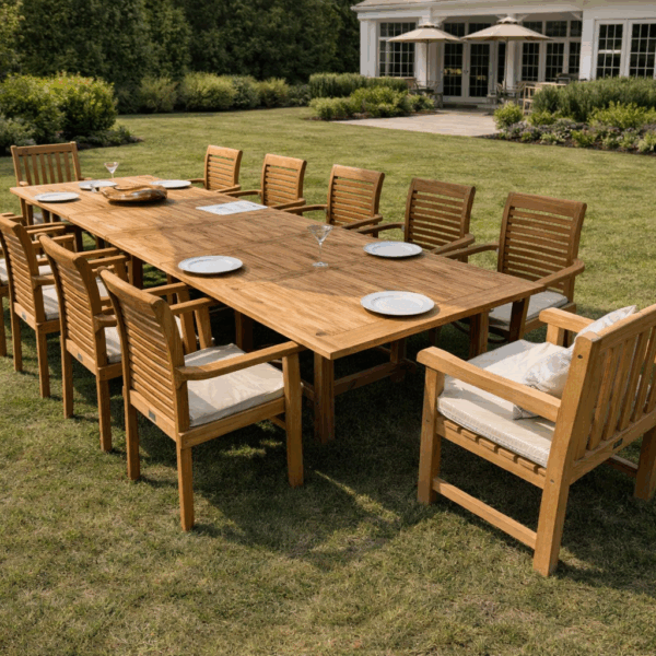 Extendable teak garden dining set with 10 chairs on outdoor patio