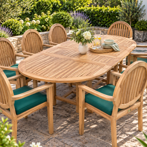 8 seater teak oval extending garden dining table with eight high-back armchairs and green cushions